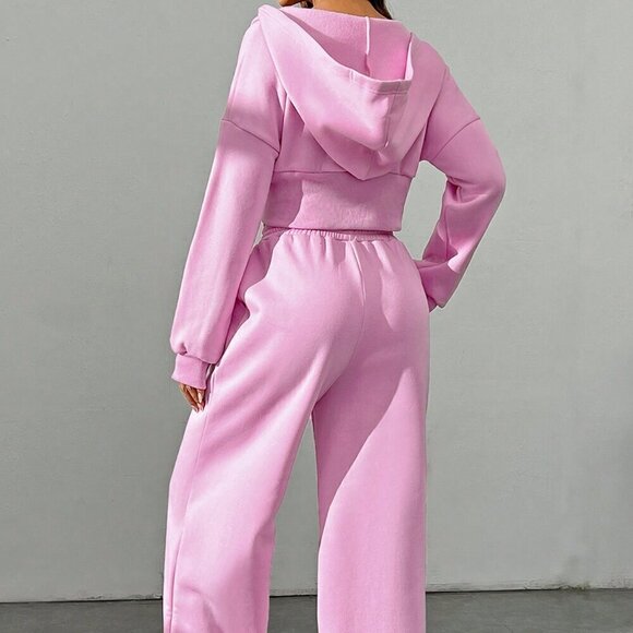 Pink Casual Women's Spring Zip Front Hooded Sweatshirt And Pants Two Piece Set - Picture 6 of 7